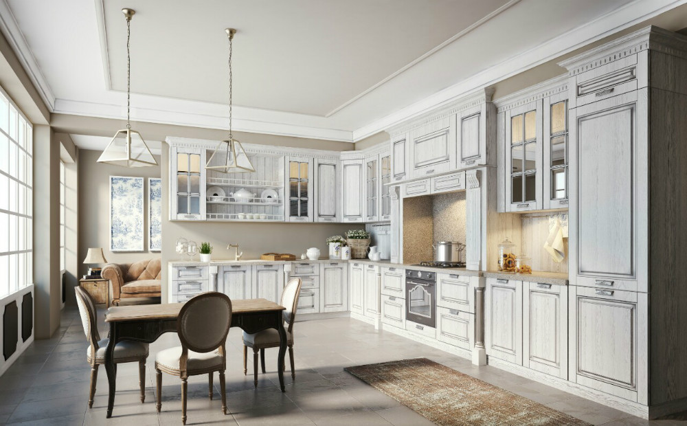 White-solid-wood-kitchen-cabinets-with-nice-crown-molding-Roman-column